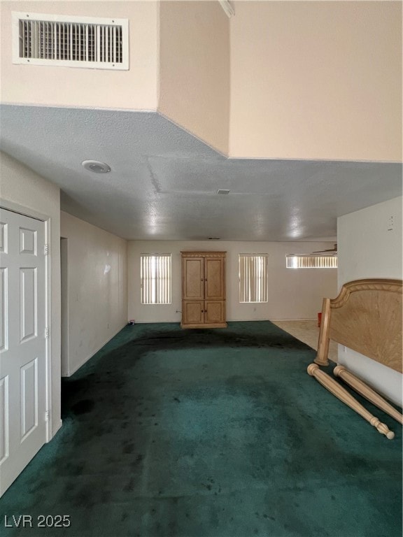 Basement featuring carpet flooring and a textured