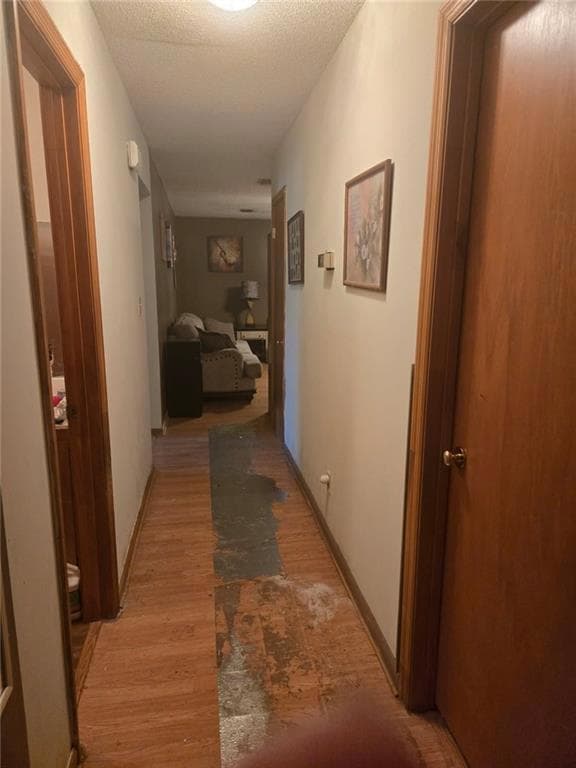 Hall featuring light wood-style flooring, a textur