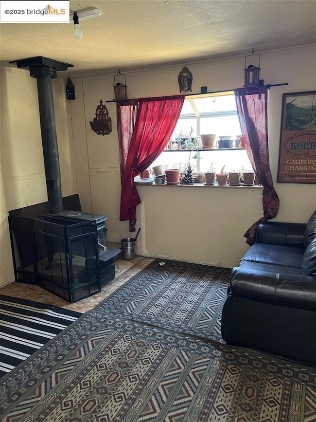 Living room with a wood stove and a textured ceiling