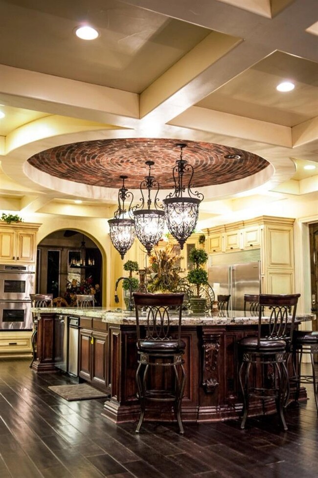 Boxed beam ceilings, 19 foot granite center island