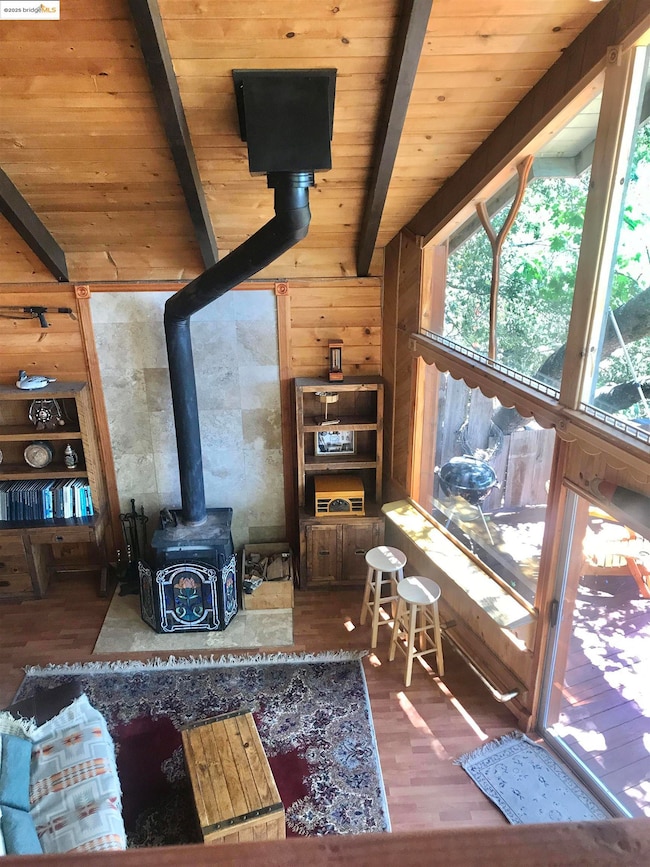 Living area featuring a wood stove, wood finished floors, wood ceiling, and wooden walls