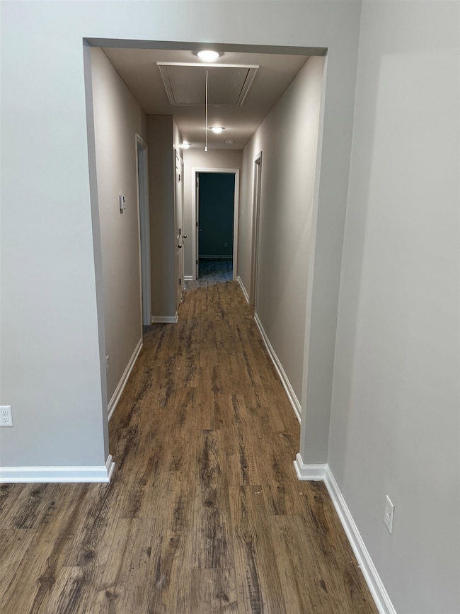 Hallway with attic access and dark wood-style flooring