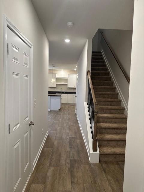 Stairway with plush carpeting and elegant open wro