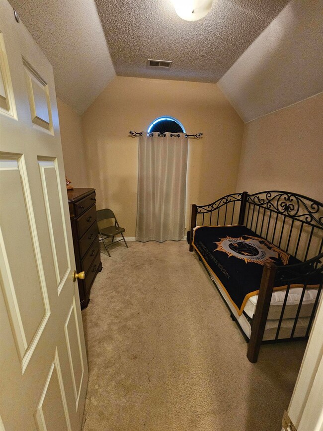 Carpeted bedroom featuring vaulted ceiling and a t
