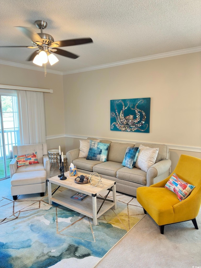 Living room featuring a textured ceiling, ceiling 