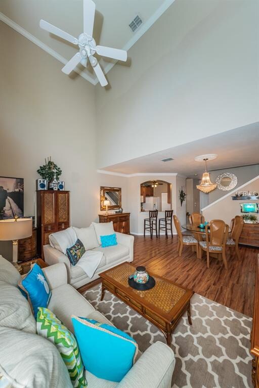 Living room facing dining area