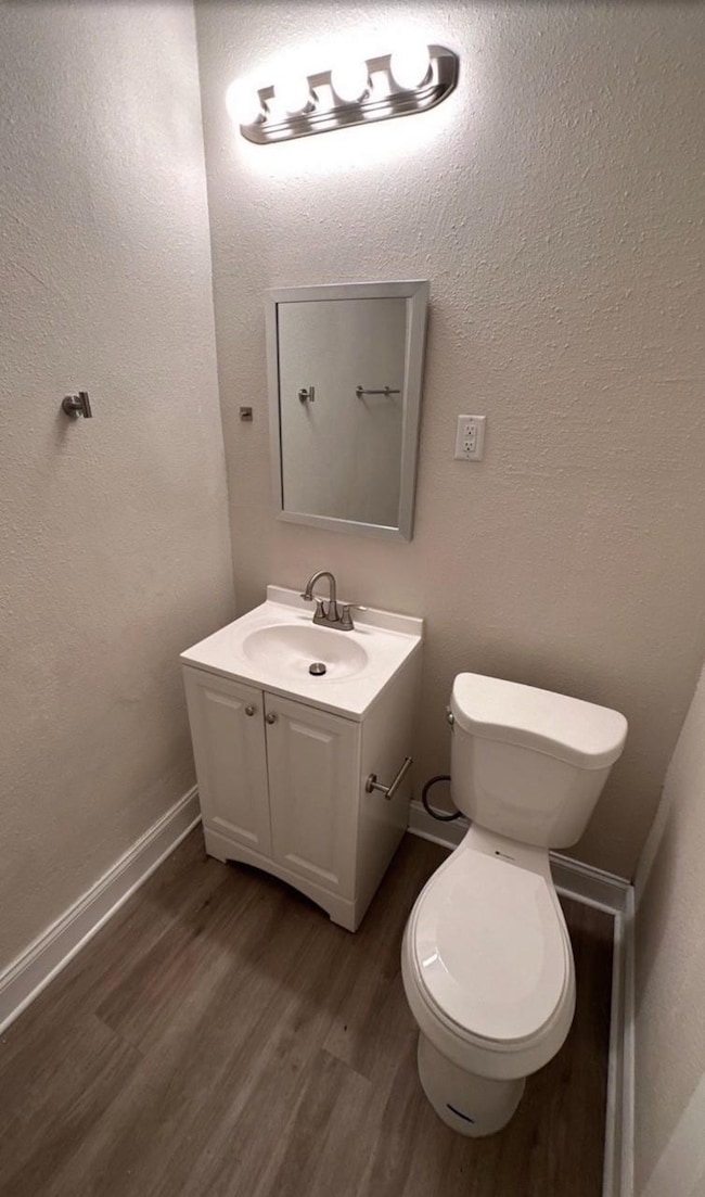Bathroom with a textured wall, dark wood finished floors, and vanity