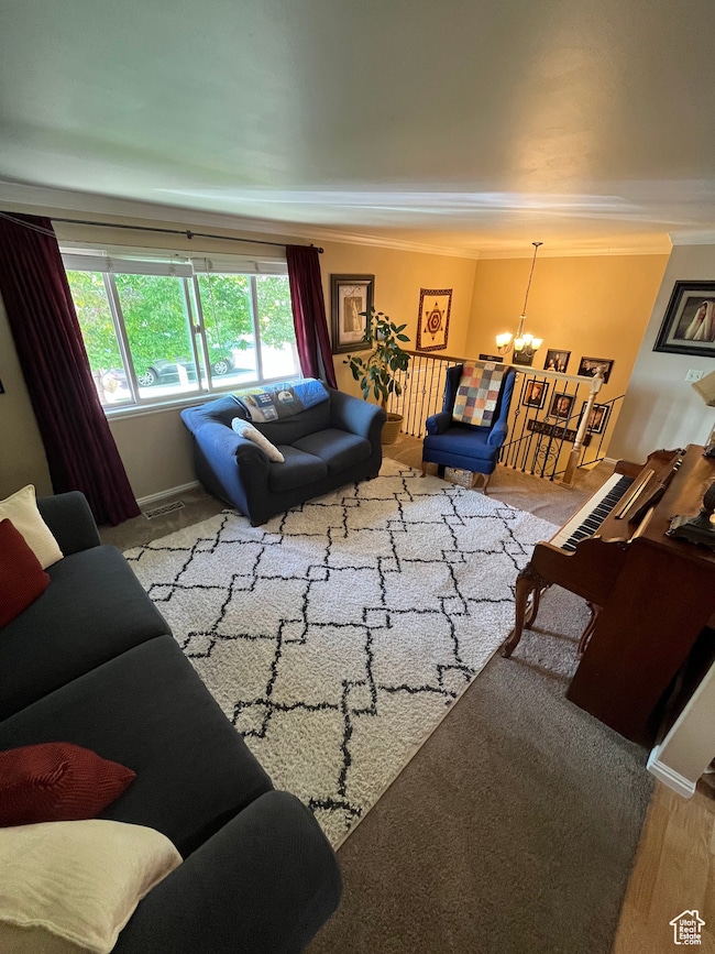 Living area with carpet flooring