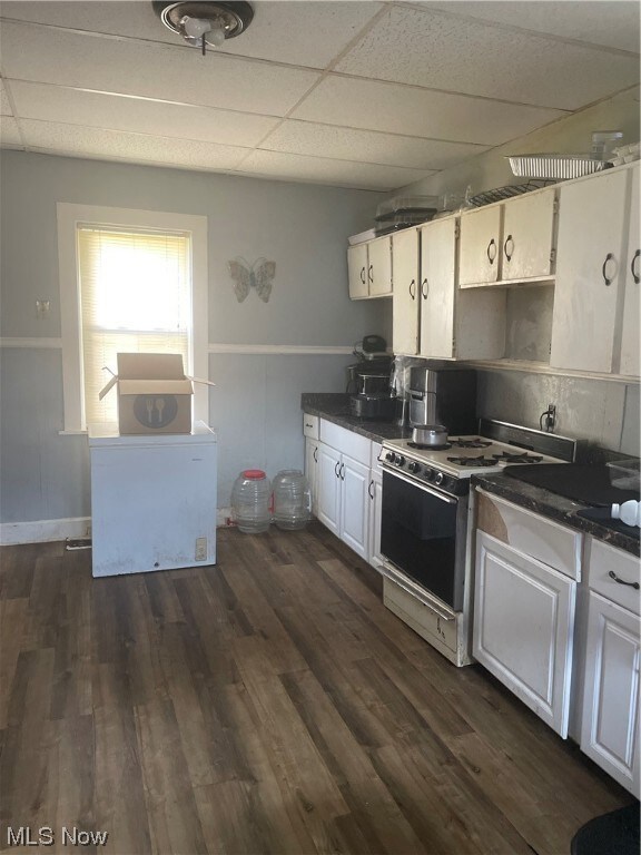 Kitchen with range, a paneled ceiling, white cabinets, and dark hardwood / wood-style flooring
