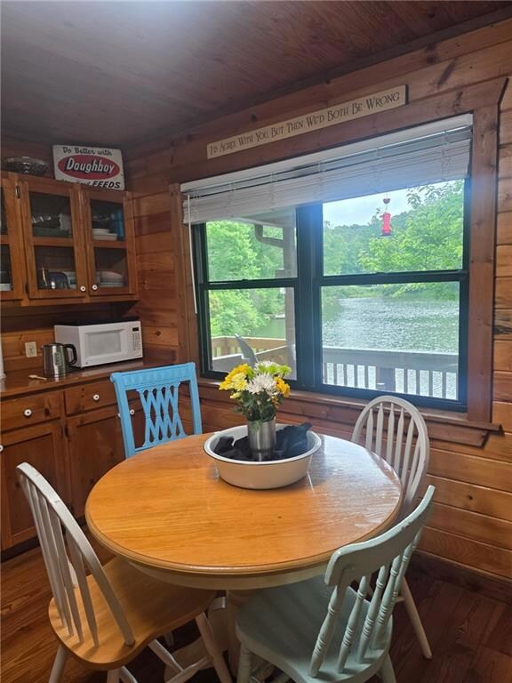 Dining area featuring wood walls and wood finished floors