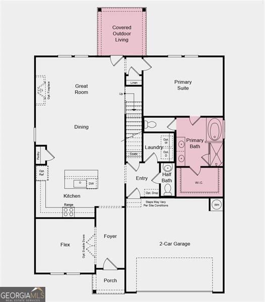 First Floor Plan - Additional highlights include: covered patio and slide-in tub at primary bath