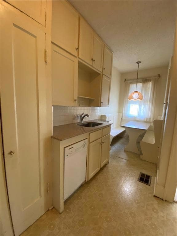 Kitchen featuring white dishwasher, a sink, backs