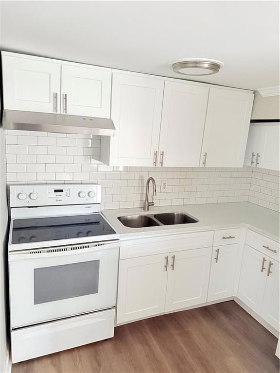 Kitchen featuring a sink, stove, wood finished flo