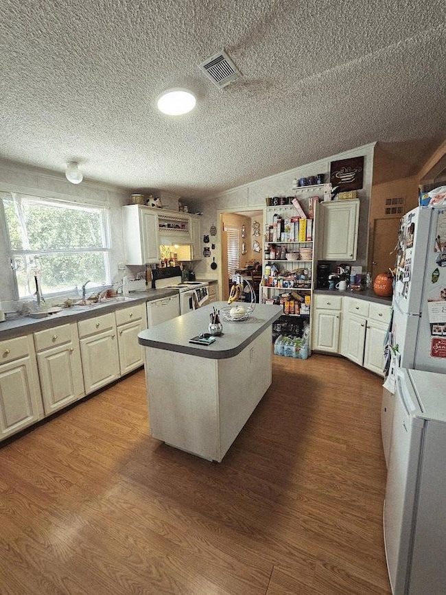 Kitchen with a kitchen island, dark wood-style fl