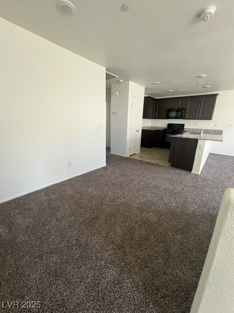 Living area with dark colored carpet