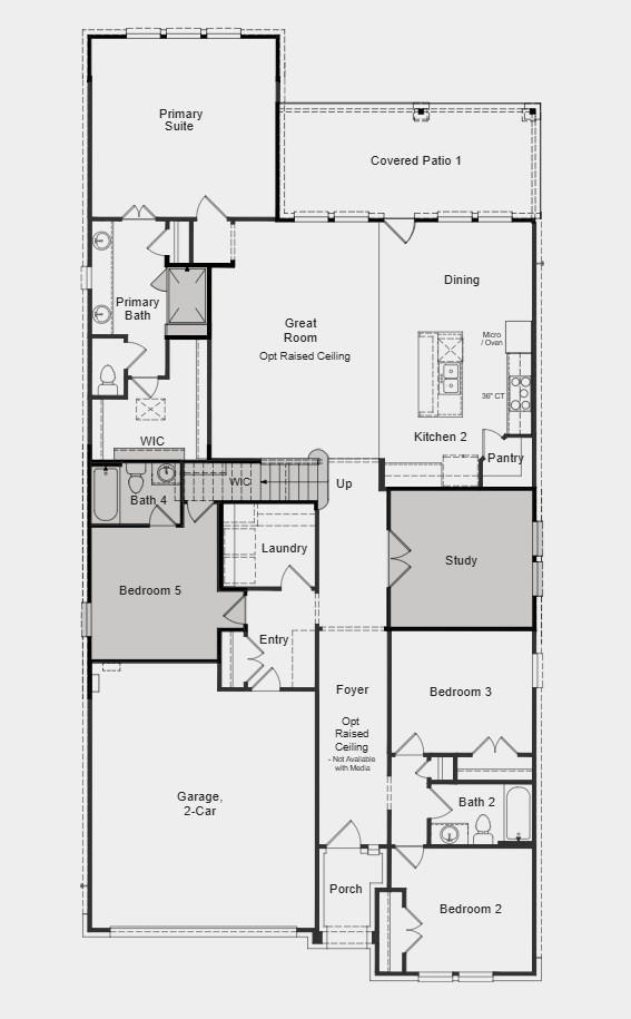 Additional Highlights Include: Raised ceiling at foyer and gathering room, bedroom 5 with Bath 4 in place of tandem, extended owner's suite, shower 1 with mudset at owner's bath, study in place of dining, covered outdoor living 1, and gourmet kitchen. 