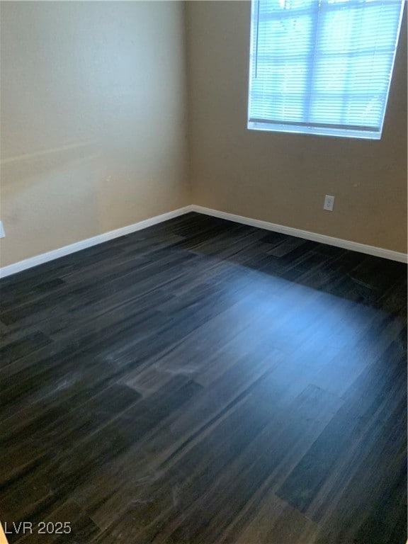 Empty room featuring dark wood-style floors and ba