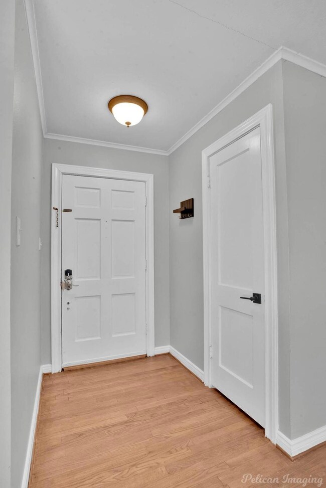 Foyer with crown molding and light hardwood / wood