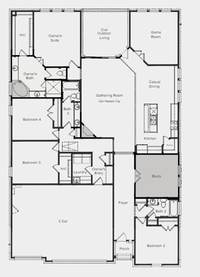 MAIN LEVEL FLOORPLAN ~ Structural options added: corner fireplace, sliding glass door to patio, double glass doors at study, tray ceiling in owner's suite & study, 8ft interior doors, drop in tub & mud set shower owners bath, raised ceiling gathering room & foyer.