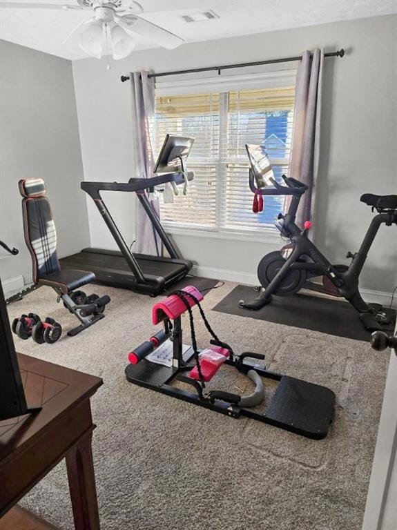Workout area featuring carpet floors and ceiling f