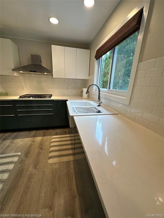 Kitchen with white cabinetry, extractor fan, modern cabinets, tasteful backsplash, and recessed lighting