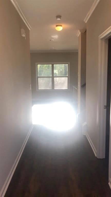 Corridor with baseboards, dark wood-style floors, 