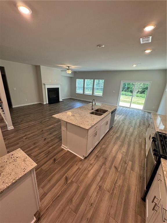 Kitchen with white cabinetry, dark wood finished floors, a fireplace, dishwasher, and light stone counters