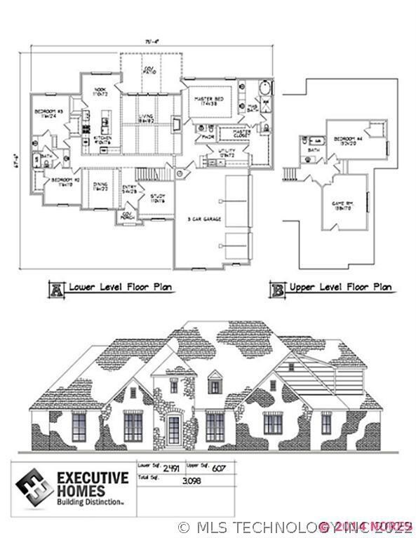 Floor plan with artist rendering of front elevatio