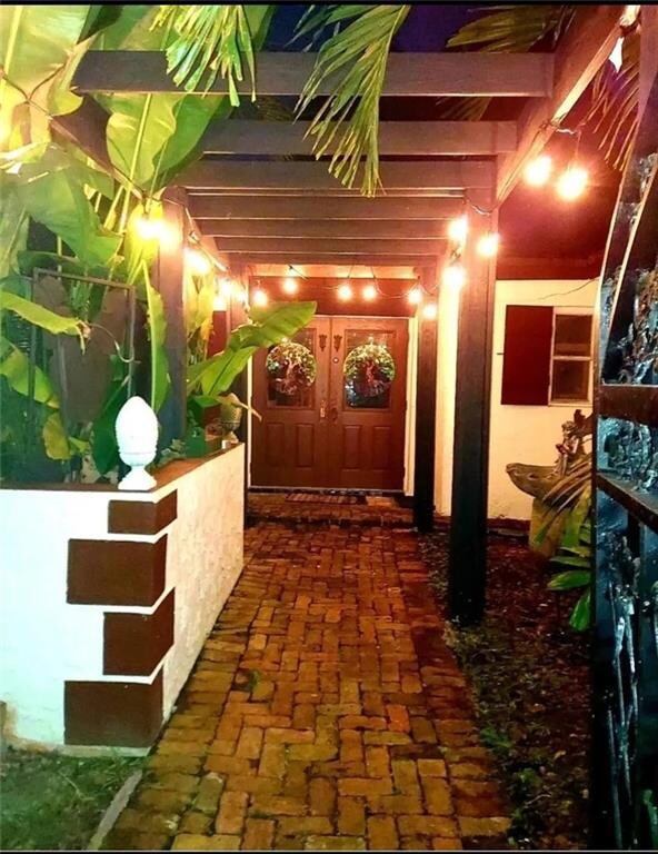 Night time courtyard view.