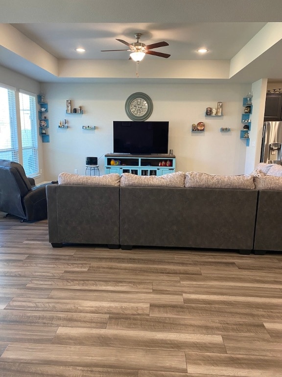 Living area with recessed lighting, a raised ceili