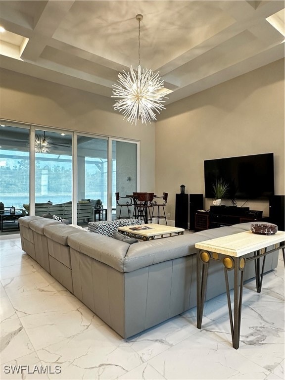Living room featuring beam ceiling, coffered ceili