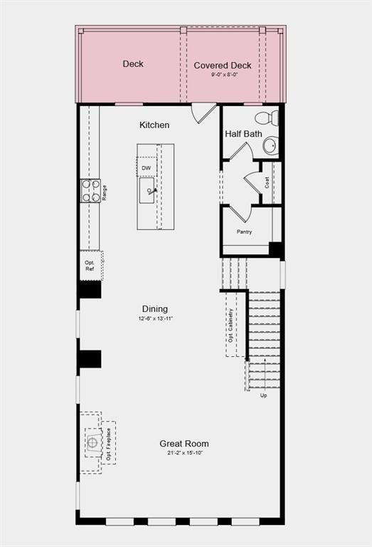 First Floor Plan - Additional highlights include: open stair railing and a covered back patio