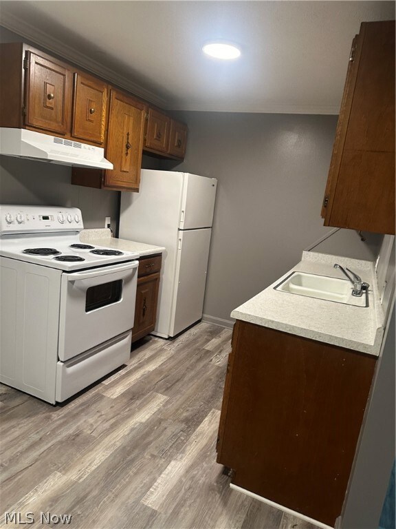 Kitchen featuring white refrigerator, light wood-type flooring, stove, range hood, and sink