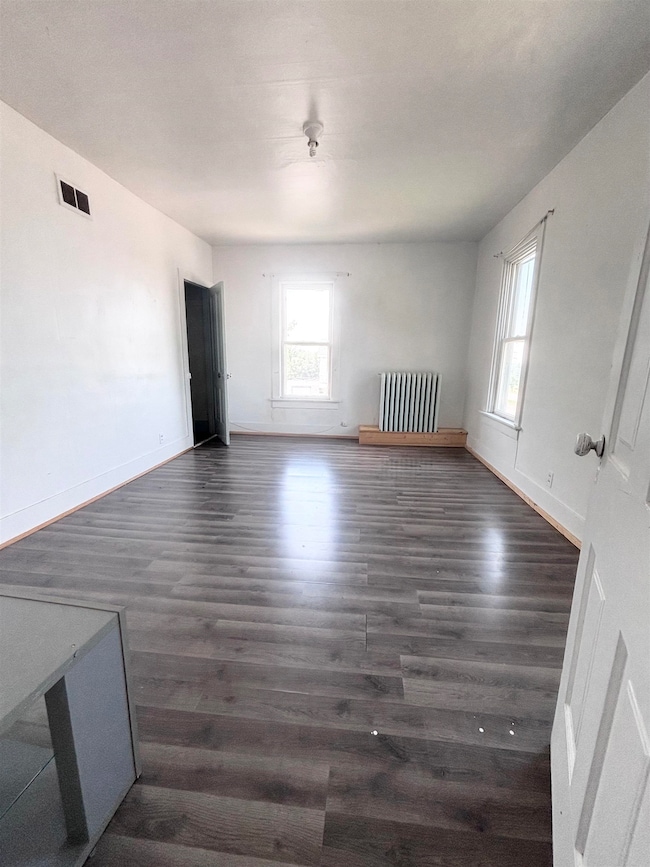 Spare room with plenty of natural light, dark wood-type flooring, and radiator