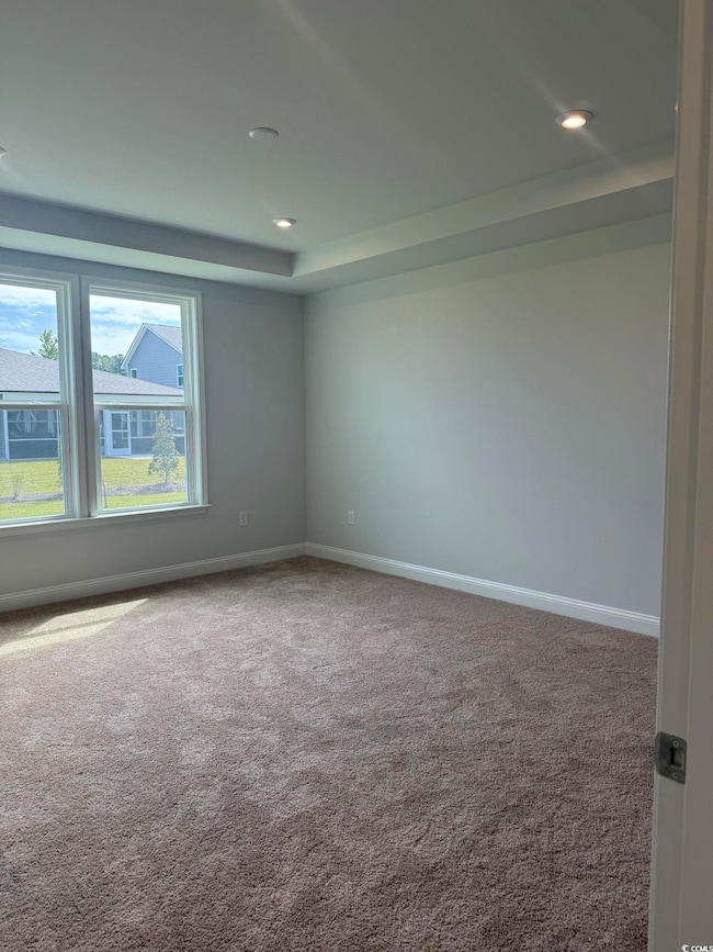 Carpeted spare room with a raised ceiling and recessed lighting