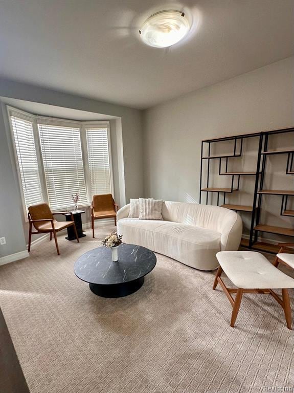 Carpeted living area featuring baseboards