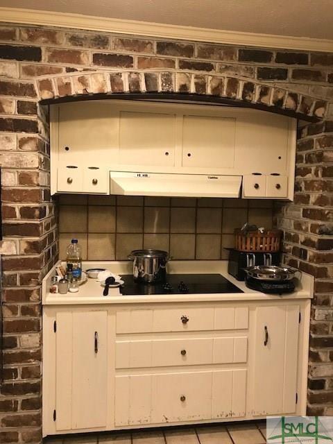 Brick arch with built-in cabinets and cook-top.