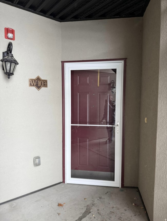 Doorway to property with stucco siding