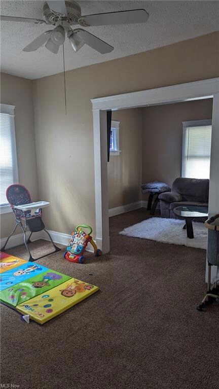 Game room featuring a textured ceiling, carpet flooring, and ceiling fan