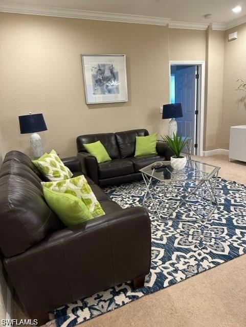 Carpeted living room with crown molding and basebo