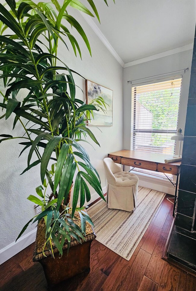 Office space with ornamental molding, wood finish