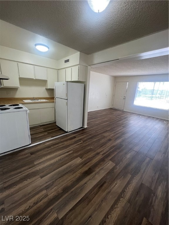 Kitchen featuring white cabinetry, range, white fr