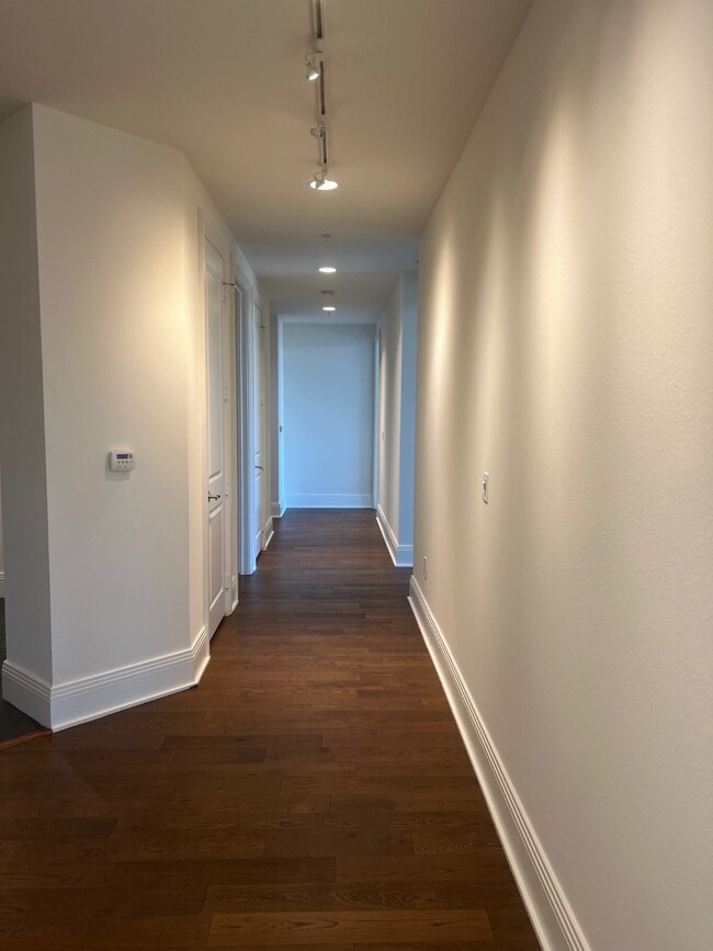 Hall with dark wood-type flooring and rail lighting