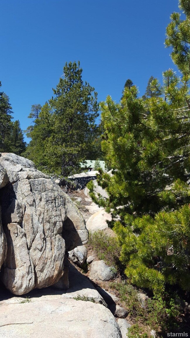 View from huge flat rock on lake showing cabin.