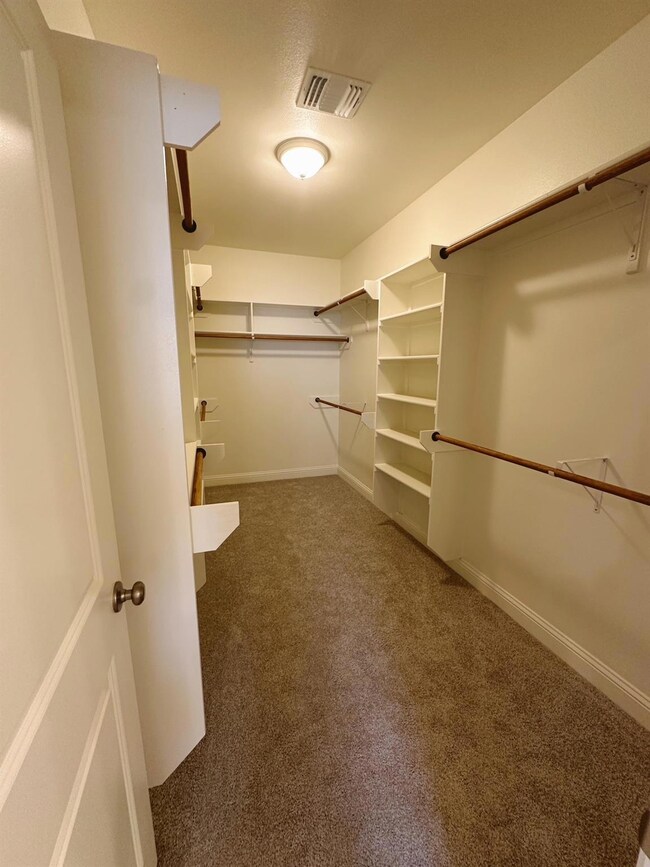 Walk in closet with dark carpet