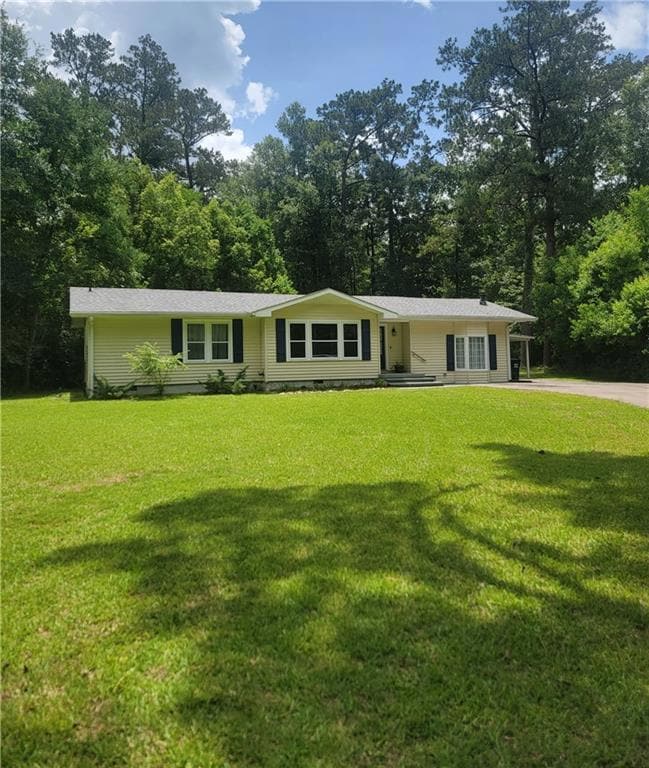 Long driveway leading to home and carport and expansive front yard.