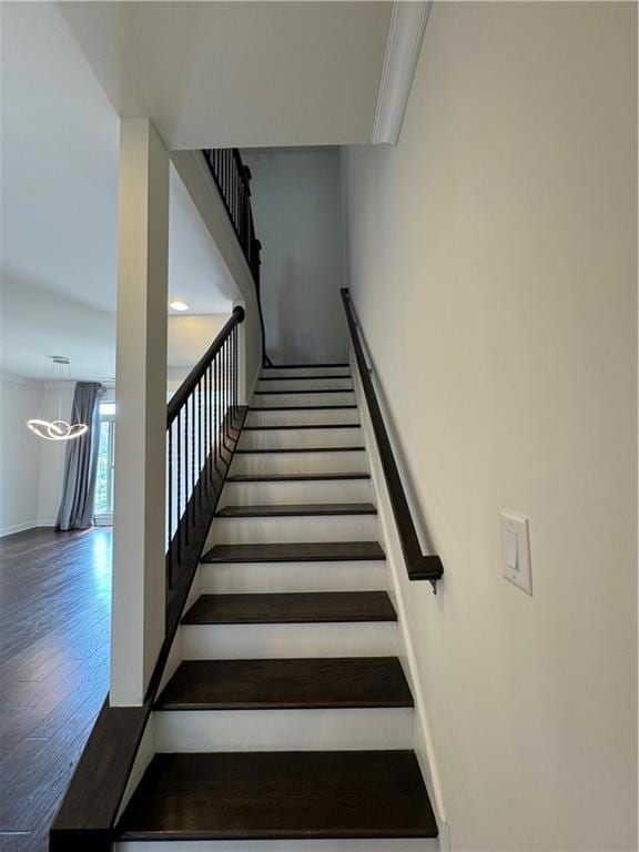 Stairway with wood finished floors and crown molding