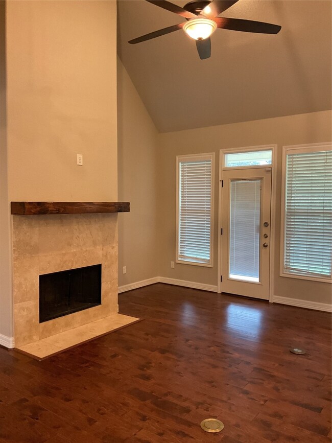 Open concept living area with fireplace