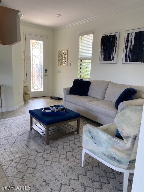 Tiled living room with ornamental molding