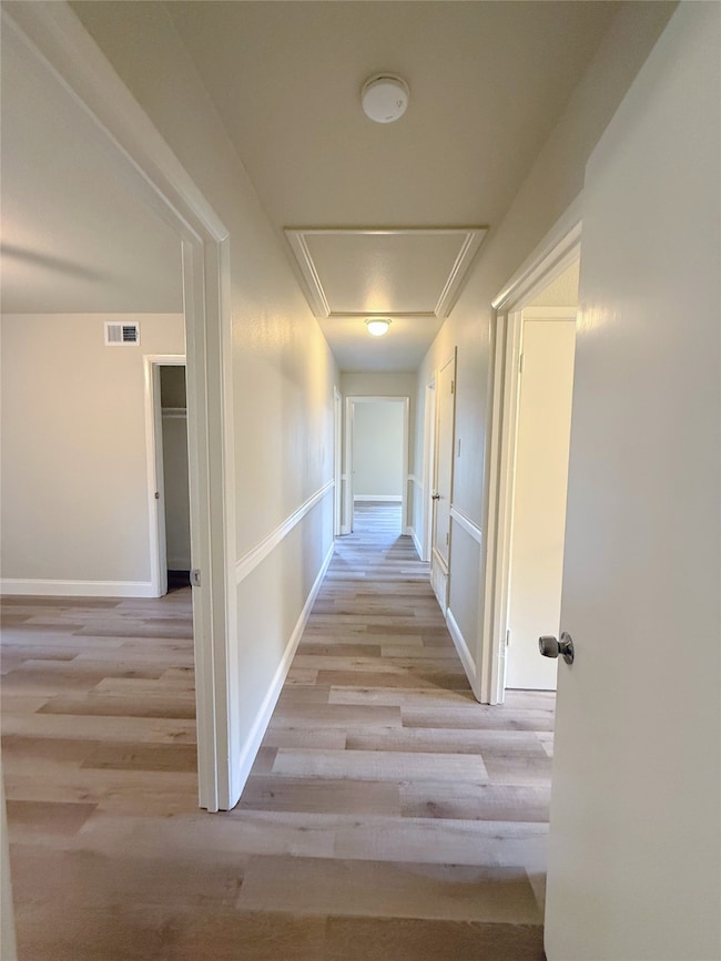 Corridor featuring light wood finished floors and attic access